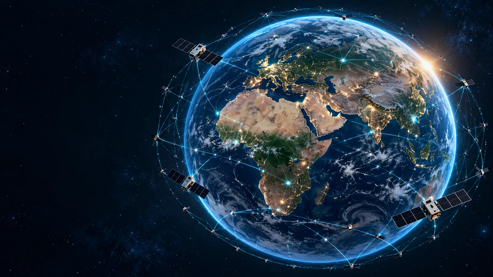 Earth at night, ringed by satellites and a connecting network